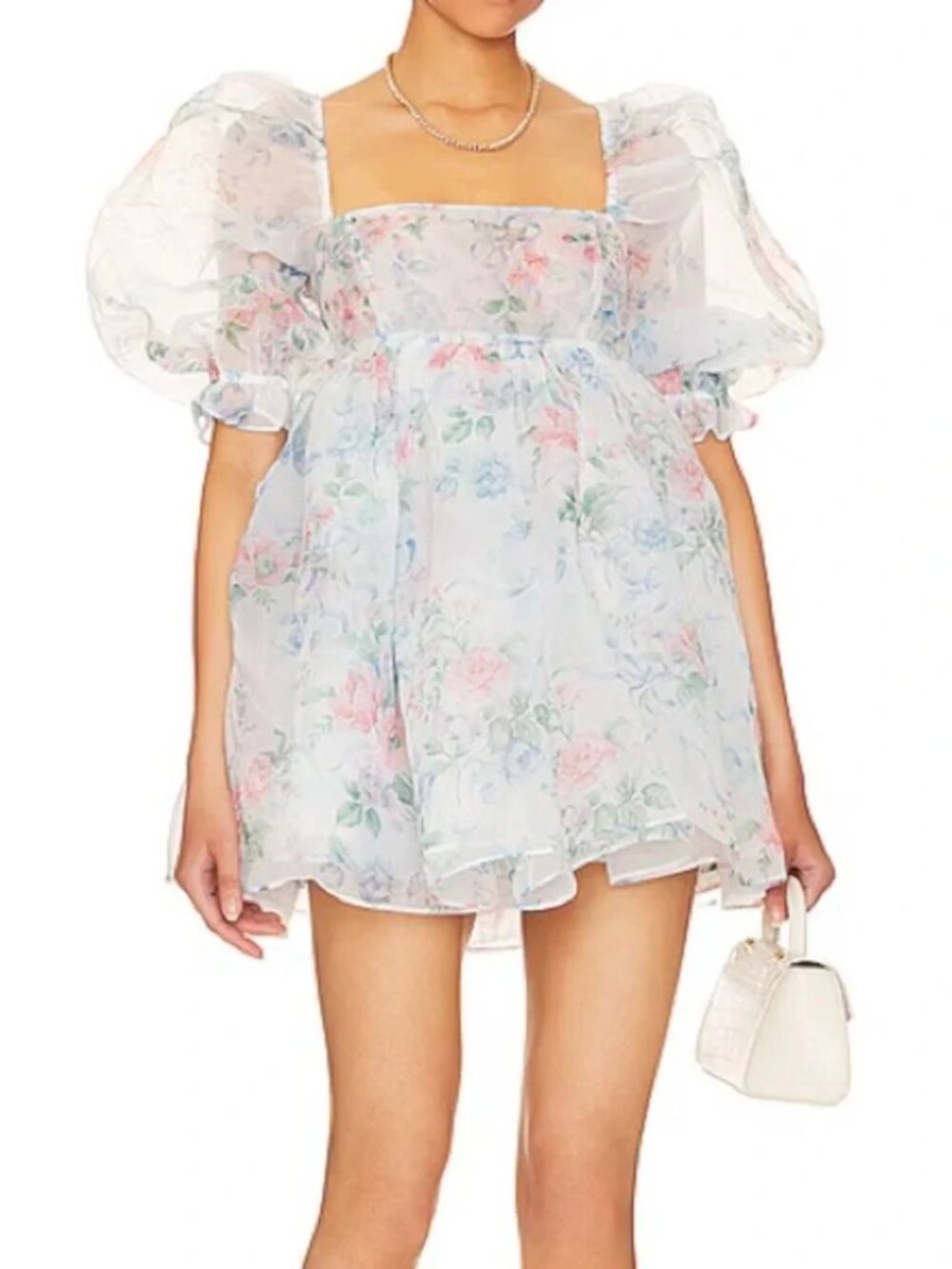Selkie The Mrs Darcy Sheer Floral Puff Sleeve Mini Dress in Pastel Blue and Pink